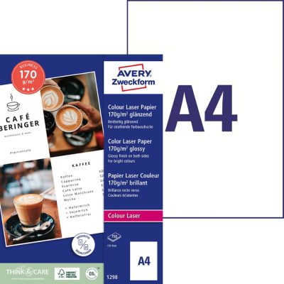 Avery Zweckform No. 1298 lézernyomtatóval nyomtatható A4-es méretű fehér színű 170 g-os különleges minőségű kétoldalas fényes felületű papír - kiszerelés: 150 lap / csomag (Avery 1298)