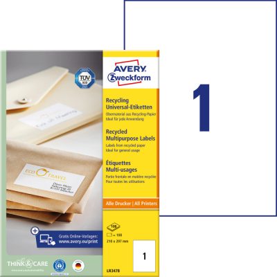 Avery Zweckform No. LR3478 natúr fehér színű 210 x 297 mm méretű, univerzálisan nyomtatható, környezetbarát öntapadós etikett címke, permanens ragasztóval A4-es íven - kiszerelés: 100 címke / 100 ív