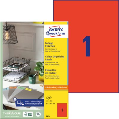 Avery Zweckform No. 3470 piros színű 210 x 297 mm méretű, univerzálisan nyomtatható, öntapadós etikett címke, permanens ragasztóval A4-es íven - kiszerelés: 100 címke / 100 ív