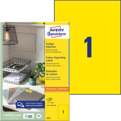 Avery Zweckform No. 3473 sárga színű 210 x 297 mm méretű, univerzálisan nyomtatható, öntapadós etikett címke, permanens ragasztóval A4-es íven - kiszerelés: 100 címke / 100 ív