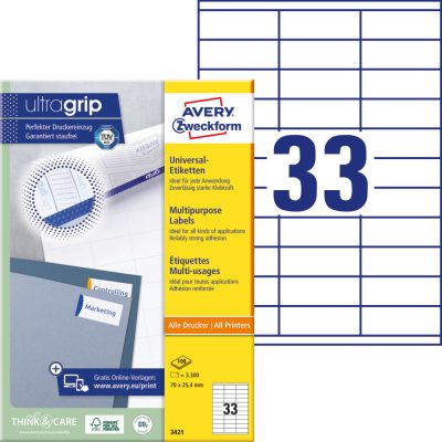 Avery Zweckform No. 3421 fehér színű 70 x 25,4 mm méretű, univerzálisan nyomtatható, öntapadós etikett címke, permanens ragasztóval A4-es íven - kiszerelés: 3300 címke / 100 ív
