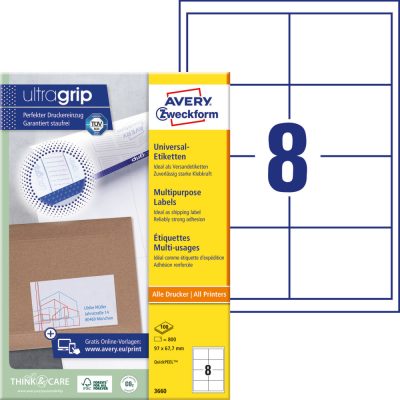 Avery Zweckform No. 3660 fehér színű 97 x 67,7 mm méretű, univerzálisan nyomtatható, öntapadós etikett címke, permanens ragasztóval A4-es íven - kiszerelés: 800 címke / 100 ív