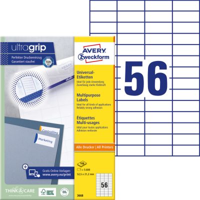 Avery Zweckform No. 3668 fehér színű 52,5 x 21,2 mm méretű, univerzálisan nyomtatható, öntapadós etikett címke, permanens ragasztóval A4-es íven - kiszerelés: 5600 címke / 100 ív