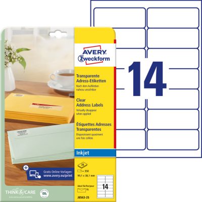 Avery Zweckform No. J8563-25 átlátszó 99,1 x 38,1 mm méretű, tintasugaras nyomtatóval nyomtatható, öntapadós etikett címke, permanens ragasztóval A4-es íven - kiszerelés: 350 címke / 25 ív