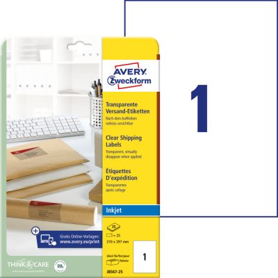 Avery Zweckform No. J8567-25 átlátszó 210 x 297 mm méretű, tintasugaras nyomtatóval nyomtatható, öntapadós etikett címke, permanens ragasztóval A4-es íven - kiszerelés: 25 címke / 25 ív