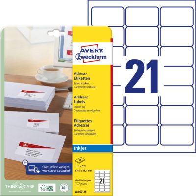 Avery Zweckform No. J8160-25 fehér színű 63,5 x 38,1 mm méretű, tintasugaras nyomtatóval nyomtatható, öntapadós etikett címke, permanens ragasztóval A4-es íven - kiszerelés: 525 címke / 25 ív