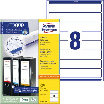 Avery Zweckform No. L6060-100 fehér színű 192 x 34 mm méretű, univerzálisan nyomtatható, öntapadós iratrendező címke, permanens ragasztóval A4-es íven - kiszerelés: 800 címke / 100 ív