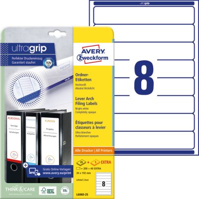 Avery Zweckform No. L6060-25 fehér színű 192 x 34 mm méretű, univerzálisan nyomtatható, öntapadós iratrendező címke, permanens ragasztóval A4-es íven - kiszerelés: 240 címke / 30 ív