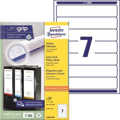 Avery Zweckform No. L4760-100 fehér színű 192 x 38 mm méretű, univerzálisan nyomtatható, öntapadós iratrendező címke, permanens ragasztóval A4-es íven - kiszerelés: 700 címke / 100 ív