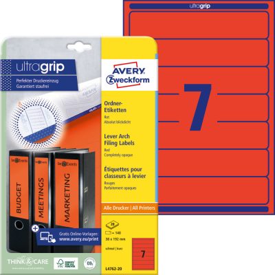 Avery Zweckform No. L4762-20 piros színű 192 x 38 mm méretű, univerzálisan nyomtatható, öntapadós iratrendező címke, permanens ragasztóval A4-es íven - kiszerelés: 140 címke / 20 ív