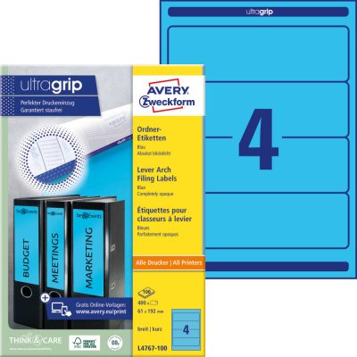 Avery Zweckform No. L4767-100 kék színű 192 x 61 mm méretű, univerzálisan nyomtatható, öntapadós iratrendező címke, permanens ragasztóval A4-es íven - kiszerelés: 400 címke / 100 ív