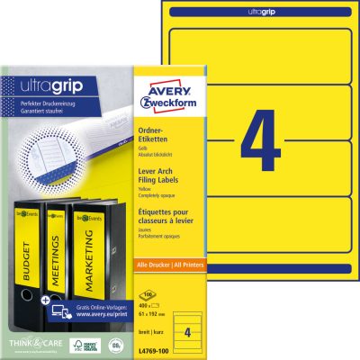 Avery Zweckform No. L4769-100 sárga színű 192 x 61 mm méretű, univerzálisan nyomtatható, öntapadós iratrendező címke, permanens ragasztóval A4-es íven - kiszerelés: 400 címke / 100 ív