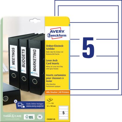 Avery Zweckform No. C32267-25 fehér színű 190 x 54 mm méretű, univerzálisan nyomtatható iratrendező betétlap, mikroperforált élekkel A4-es íven - kiszerelés: 125 betétlap / 25 ív