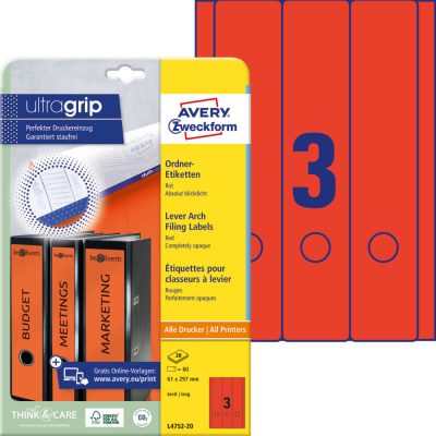 Avery Zweckform No. L4752-20 piros színű 61 x 297 mm méretű, univerzálisan nyomtatható, öntapadós iratrendező címke, permanens ragasztóval A4-es íven - kiszerelés: 60 címke / 20 ív