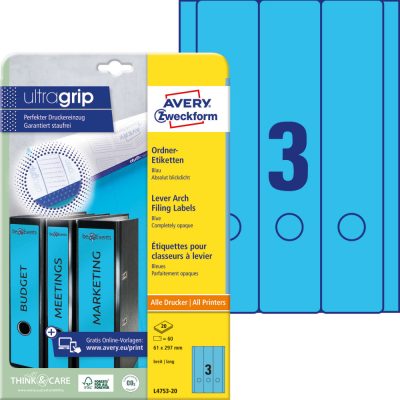 Avery Zweckform No. L4753-20 kék színű 61 x 297 mm méretű, univerzálisan nyomtatható, öntapadós iratrendező címke, permanens ragasztóval A4-es íven - kiszerelés: 60 címke / 20 ív