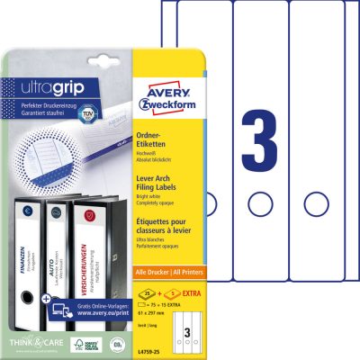 Avery Zweckform No. L4759-25 univerzális 61 x 297 mm méretű, fehér öntapadó iratrendező címke A4-es íven - 75 címke / csomag - 25 ív / csomag (Avery L4759-25)