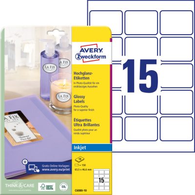 Avery Zweckform No. C6080-10 tintasugaras 63,5 x 46,6 mm méretű, fehér színű, fényes felületű, fotóminőségű termékcímke A4-es íven - 150 címke / csomag - 10 ív / csomag (Avery C6080-10)
