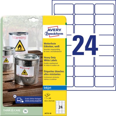 Avery Zweckform No. J4773-10 fehér színű 63,5 x 33,9 mm méretű, tintasugaras nyomtatóval nyomtatható, öntapadós időjárásálló etikett címke, erős, tartós ragasztóval A4-es íven - 240 címke / 10 ív