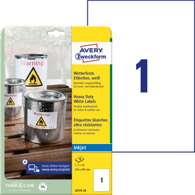 Avery Zweckform No. J4775-10 fehér színű 210 x 297 mm méretű, tintasugaras nyomtatóval nyomtatható, öntapadós időjárásálló etikett címke, erős, tartós ragasztóval A4-es íven - 10 címke / 10 ív
