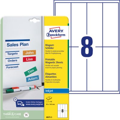 Avery Zweckform No. J8875-5 tintasugaras 50 x 140 mm méretű fehér mágneses címke A4 -es íven - 40 darab / csomag - 5 ív / csomag (Avery J8875-5)