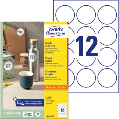 Avery Zweckform No. L3416-100 fehér színű 60 mm átmérőjű, kör alakú, univerzálisan nyomtatható, öntapadós etikett címke, permanens ragasztóval A4-es íven - kiszerelés: 1200 címke / 100 ív