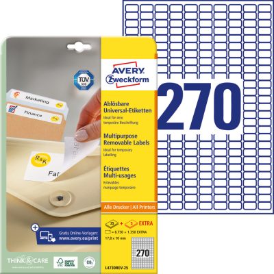 Avery Zweckform No. L4730REV-25 fehér színű 17,8 x 10 mm méretű, univerzálisan nyomtatható, öntapadós etikett címke, visszaszedhető ragasztóval A4-es íven - kiszerelés: 8100 címke / 30 ív
