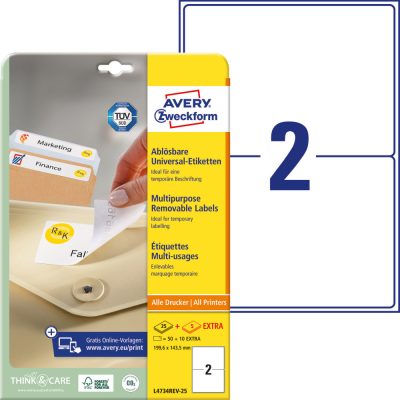 Avery Zweckform No. L4734REV-25 fehér színű 199,6 x 143,5 mm méretű, univerzálisan nyomtatható, öntapadós etikett címke, visszaszedhető ragasztóval A4-es íven - kiszerelés: 60 címke / 30 ív