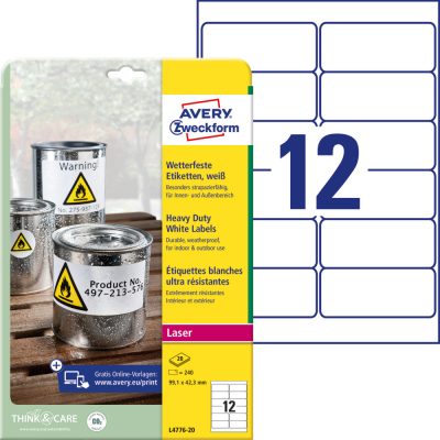 Avery Zweckform No. L4776-20 fehér színű 99,1 x 42,3 mm méretű, lézernyomtatóval nyomtatható, öntapadós időjárásálló etikett címke, erős, tartós ragasztóval A4-es íven - kiszerelés: 240 címke / 20 ív