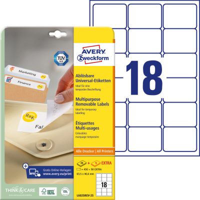 Avery Zweckform No. L6025REV-25 fehér színű 63,5 x 46,6 mm méretű, univerzálisan nyomtatható, öntapadós etikett címke, visszaszedhető ragasztóval A4-es íven - kiszerelés: 540 címke / 30 ív