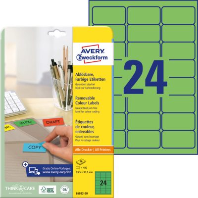 Avery Zweckform No. L6033-20 zöld színű 63,5 x 33,9 mm méretű, univerzálisan nyomtatható, öntapadós etikett címke, visszaszedhető ragasztóval A4-es íven - kiszerelés: 480 címke / 20 ív