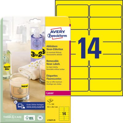 Avery Zweckform No. L7263Y-25 lézeres 99,1 x 38,1 mm méretű visszaszedhető, neon sárga öntapadó etikett címke A4-es íven - 350 címke / csomag - 25 ív / csomag (Avery L7263Y-25)