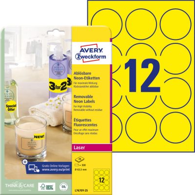 Avery Zweckform No. L7670Y-25 lézeres 63,5 mm átmérőjű, neon sárga, kör alakú visszaszedhető öntapadó termékcímke A4-es íven - 300 címke / csomag - 25 ív / csomag (Avery L7670Y-25)