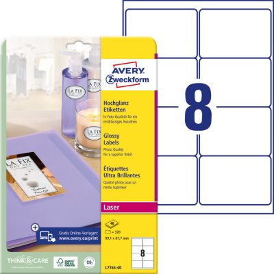 Avery Zweckform No. L7765-40 lézeres 99,1 x 67,7 mm méretű, fehér, fényes felületű, fotóminőségű termékcímke A4-es íven - 320 címke / csomag - 40 ív / csomag (Avery L7765-40)