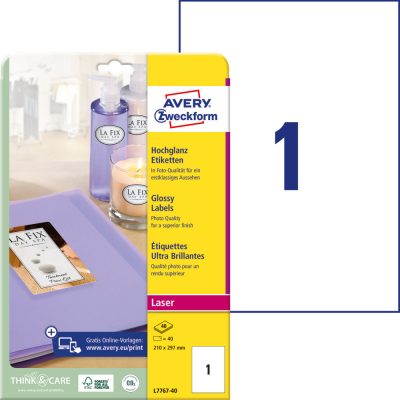 Avery Zweckform No. L7767-40 lézeres 210 x 297 mm méretű, fehér, fényes felületű, fotóminőségű termékcímke A4-es íven - 40 címke / csomag - 40 ív / csomag (Avery L7767-40)
