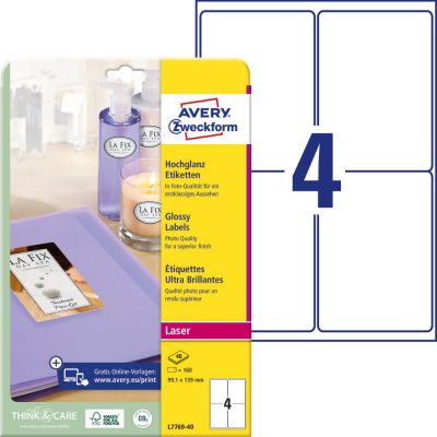 Avery Zweckform No. L7769-40 lézeres 99,1 x 139 mm méretű, fehér, fényes felületű, fotóminőségű termékcímke A4-es íven - 160 címke / csomag - 40 ív / csomag (Avery L7769-40)
