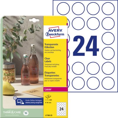 Avery Zweckform No. L7780-25 víztiszta átlátszó 40 mm átmérőjű, lézernyomtatóval nyomtatható, öntapadós etikett címke, permanens ragasztóval A4-es íven - kiszerelés: 600 címke / 25 ív