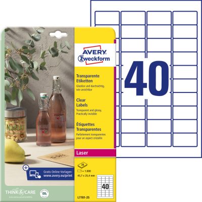 Avery Zweckform No. L7781-25 víztiszta átlátszó 45,7 x 25,4 mm méretű, lézernyomtatóval nyomtatható, öntapadós etikett címke, permanens ragasztóval A4-es íven - kiszerelés: 1000 címke / 25 ív