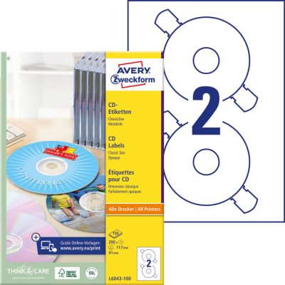 Avery Zweckform No. L6043-100 univerzális 117 mm átmérőjű, fehér öntapadó CD címke A4-es íven - 200 címke / doboz - 100 ív / doboz (Avery L6043-100)