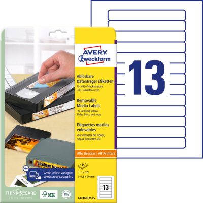 Avery Zweckform No. L4746REV-25 univerzális 147,3 x 20 mm méretű visszaszedhető, fehér öntapadó etikett címke A4-es íven - 325 címke / csomag - 25 ív / csomag (Avery L4746REV-25)