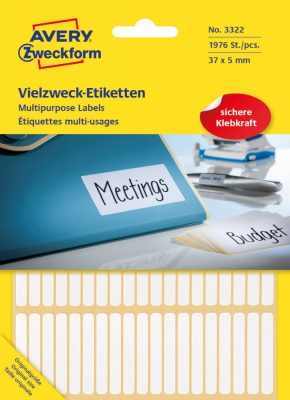 Avery Zweckform No. 3322 kézzel írható 37 x 5 mm méretű, fehér színű, öntapadó etikett címke általános felhasználásra - 1976 címke / csomag (Avery 3322)