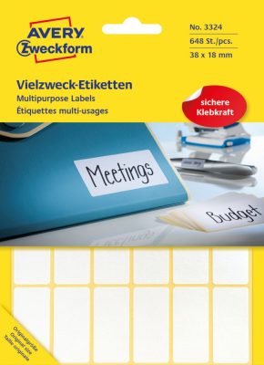 Avery Zweckform No. 3324 kézzel írható 38 x 18 mm méretű, fehér színű, öntapadó etikett címke általános felhasználásra - 648 címke / csomag (Avery 3324)