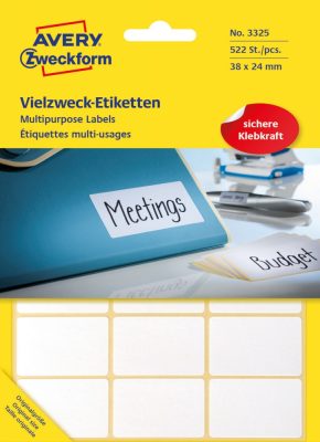 Avery Zweckform No. 3325 kézzel írható 38 x 24 mm méretű, fehér színű, öntapadó etikett címke általános felhasználásra - 522 címke / csomag (Avery 3325)