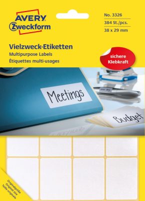 Avery Zweckform No. 3326 kézzel írható 38 x 29 mm méretű, fehér színű, öntapadó etikett címke általános felhasználásra - 384 címke / csomag (Avery 3326)