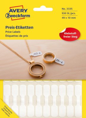 Avery Zweckform No. 3335 kézzel írható 49 x 10 mm méretű, fehér színű, öntapadó árazó címke (ékszercímke) - 930 címke / csomag - 31 ív / csomag (Avery 3335)