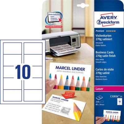 Avery Zweckform No. C32026-25 lézeres 85 x 54 mm méretű, 270 g-os félfényes, kétoldalas fehér nyomtatható névjegykártya, sima élekkel A4-es íven - 250 névjegykártya / csomag (Avery C32026-25)