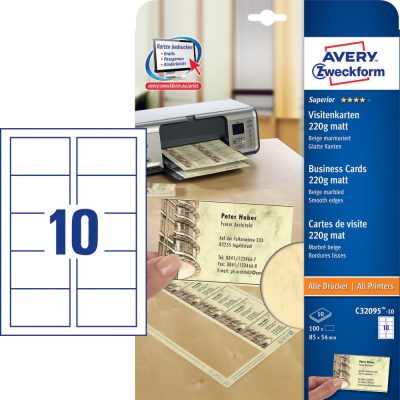 Avery Zweckform No. C32095-10 univerzális 85 x 54 mm méretű, 220 g-os matt, egyoldalas bézs márványmintás nyomtatható névjegykártya, sima élekkel A4-es íven (Avery C32095-10)