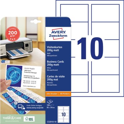 Avery Zweckform No. C32010-10 univerzális 85 x 54 mm méretű, 200 g-os matt, kétoldalas fehér nyomtatható névjegykártya, mikroperforált élekkel A4-es íven - 100 névjegykártya / csomag (Avery C32010-10)