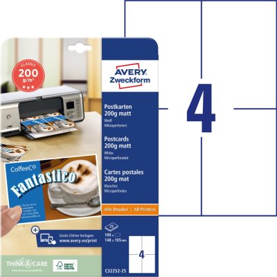 Avery Zweckform No. C32252-25 univerzális 105 x 148 mm méretű, 200 g-os matt, kétoldalas fehér nyomtatható levelezőlap, mikroperforált élekkel A4-es íven - 100 levelezőlap / csomag (Avery C32252-25)