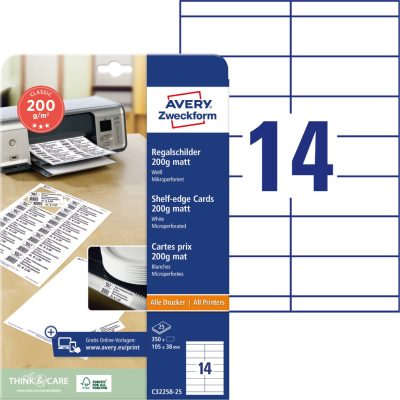 Avery Zweckform No. C32258-25 univerzális 105 x 38 mm méretű, 200 g-os matt, kétoldalas fehér nyomtatható polccímke, mikroperforált élekkel A4-es íven - 350 polccímke / csomag (Avery C32258-25)