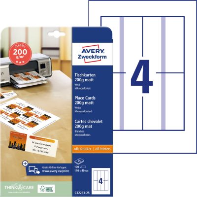 Avery Zweckform No. C32253-25 univerzális 110 x 40 mm méretű, 200 g-os matt, kétoldalas fehér nyomtatható ültetőkártya, mikroperforált élekkel A4-es íven - 100 ültetőkártya / csomag (Avery C32253-25)